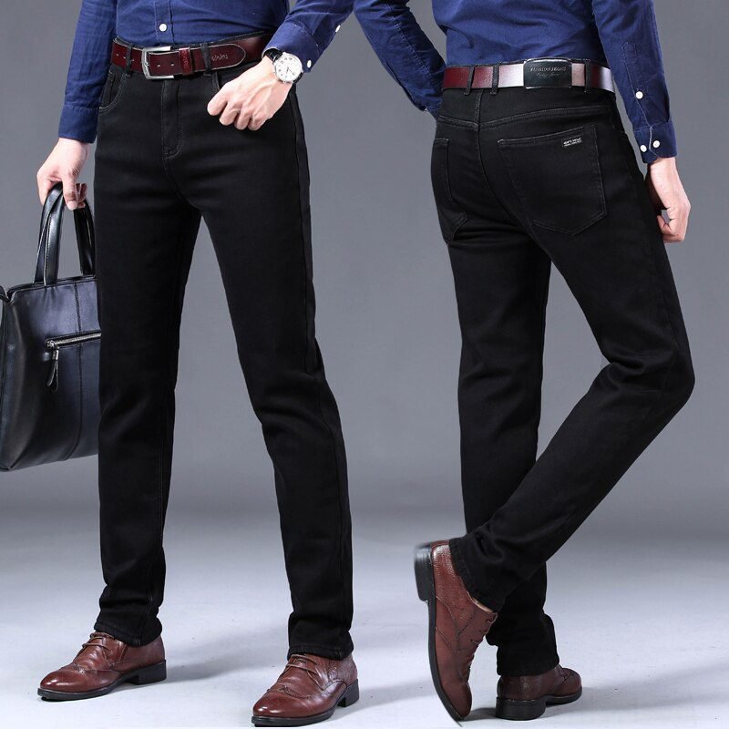 2020 Winter Jeans Men Black Slim Fit Stretch Thick Velvet Pants Warm Jeans Casual Fleece Trousers Male Plus Size