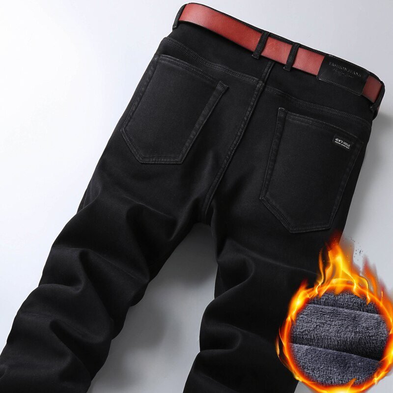 2020 Winter Jeans Men Black Slim Fit Stretch Thick Velvet Pants Warm Jeans Casual Fleece Trousers Male Plus Size