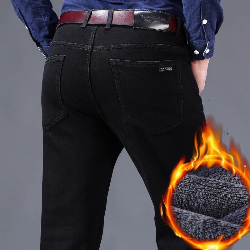 2020 Winter Jeans Men Black Slim Fit Stretch Thick Velvet Pants Warm Jeans Casual Fleece Trousers Male Plus Size