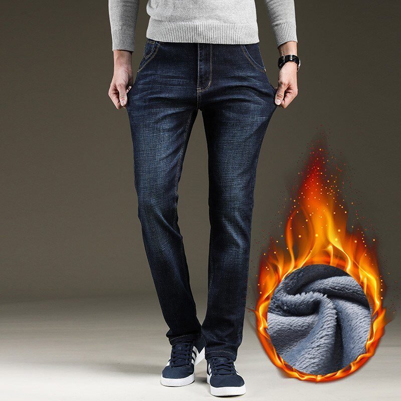 2020 Winter Jeans Men Black Slim Fit Stretch Thick Velvet Pants Warm Jeans Casual Fleece Trousers Male Plus Size
