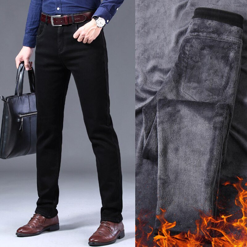 2020 Winter Jeans Men Black Slim Fit Stretch Thick Velvet Pants Warm Jeans Casual Fleece Trousers Male Plus Size