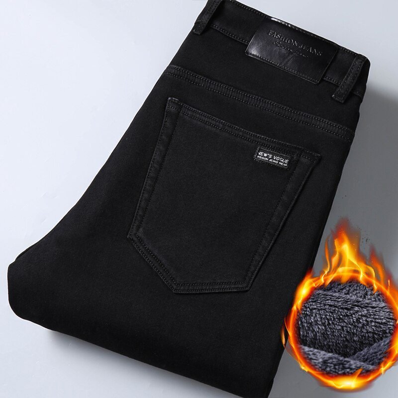 2020 Winter Jeans Men Black Slim Fit Stretch Thick Velvet Pants Warm Jeans Casual Fleece Trousers Male Plus Size
