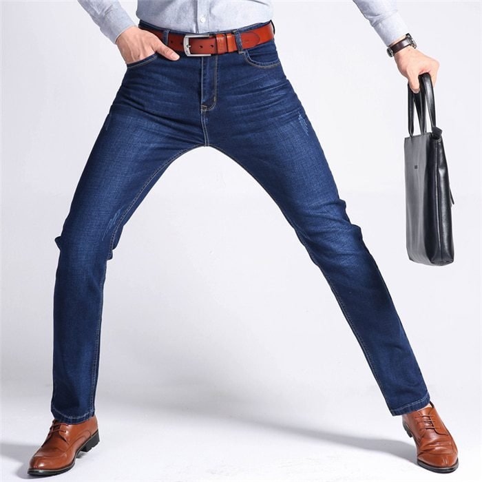 Brother Wang Classic Style Men Brand Jeans Business Casual Stretch Slim Denim Pants Light Blue Black Trousers Male