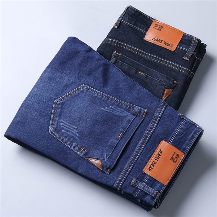 Brother Wang Classic Style Men Brand Jeans Business Casual Stretch Slim Denim Pants Light Blue Black Trousers Male