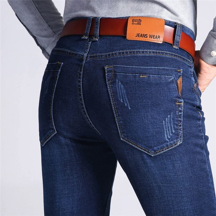 Brother Wang Classic Style Men Brand Jeans Business Casual Stretch Slim Denim Pants Light Blue Black Trousers Male