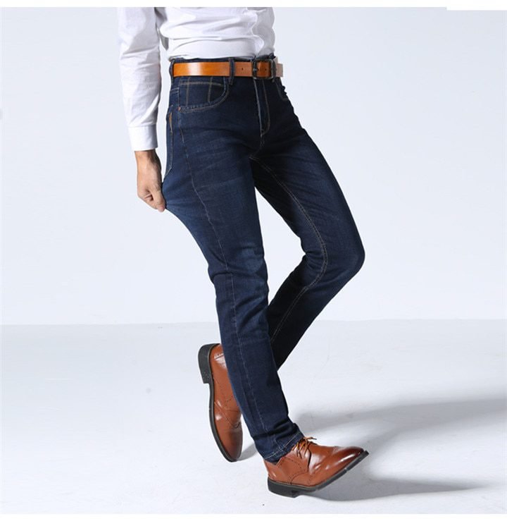 Brother Wang Classic Style Men Brand Jeans Business Casual Stretch Slim Denim Pants Light Blue Black Trousers Male