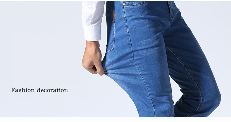 Brother Wang Classic Style Men Brand Jeans Business Casual Stretch Slim Denim Pants Light Blue Black Trousers Male