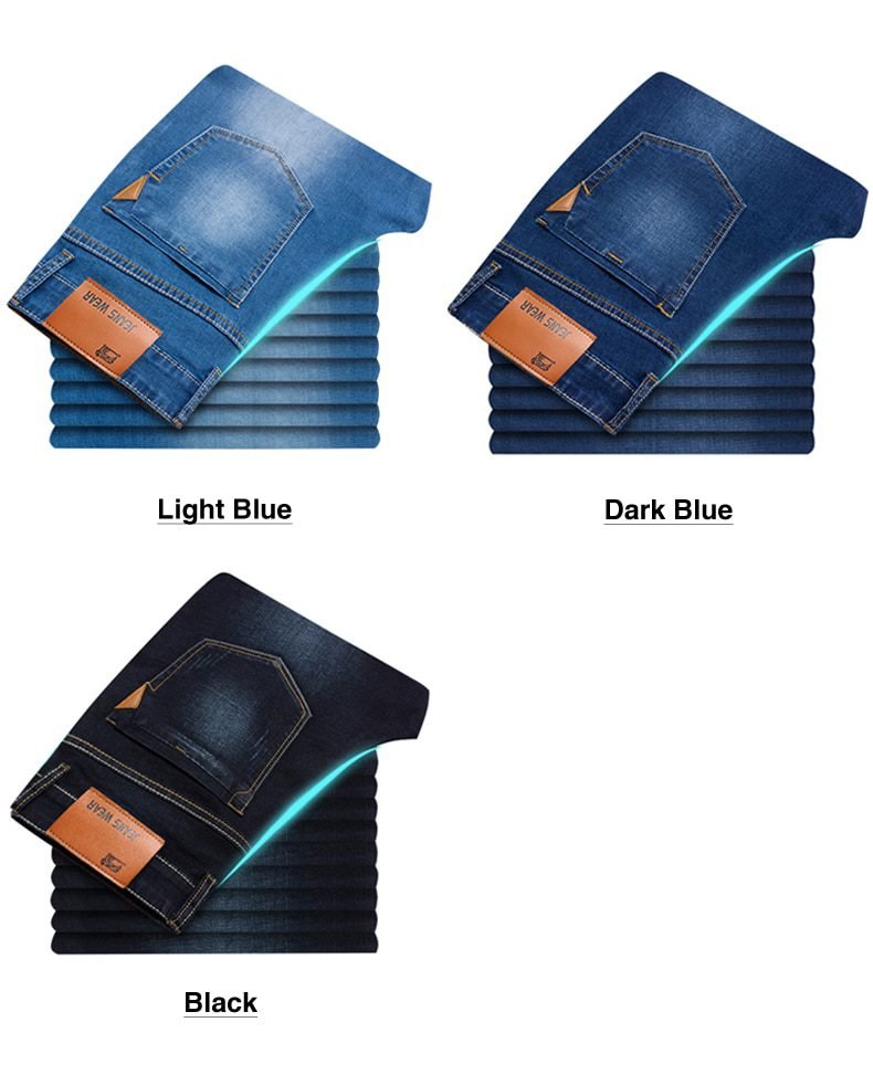 Brother Wang Classic Style Men Brand Jeans Business Casual Stretch Slim Denim Pants Light Blue Black Trousers Male