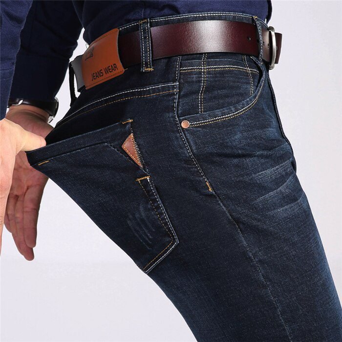 Brother Wang Classic Style Men Brand Jeans Business Casual Stretch Slim Denim Pants Light Blue Black Trousers Male