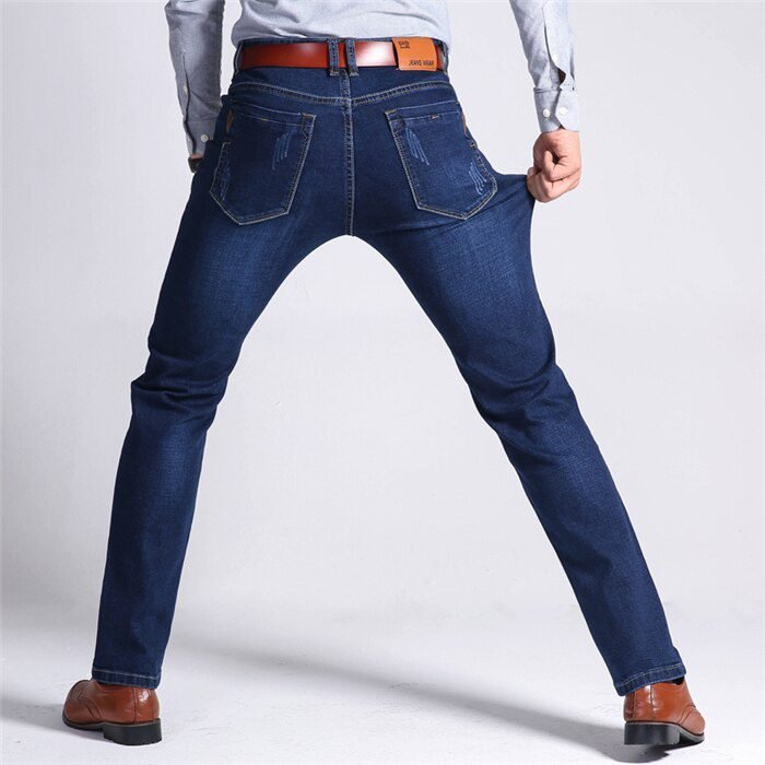 Brother Wang Classic Style Men Brand Jeans Business Casual Stretch Slim Denim Pants Light Blue Black Trousers Male