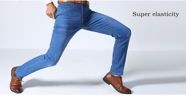 Brother Wang Classic Style Men Brand Jeans Business Casual Stretch Slim Denim Pants Light Blue Black Trousers Male