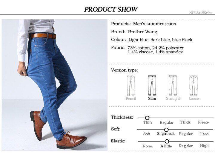Brother Wang Classic Style Men Brand Jeans Business Casual Stretch Slim Denim Pants Light Blue Black Trousers Male