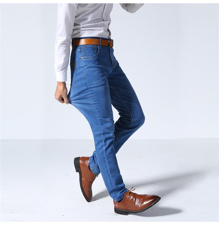 Brother Wang Classic Style Men Brand Jeans Business Casual Stretch Slim Denim Pants Light Blue Black Trousers Male