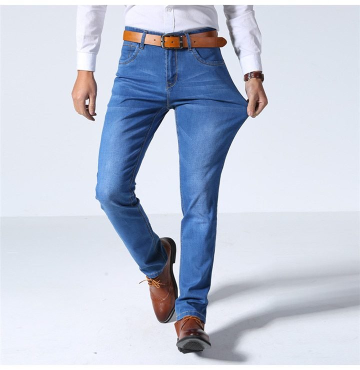 Brother Wang Classic Style Men Brand Jeans Business Casual Stretch Slim Denim Pants Light Blue Black Trousers Male