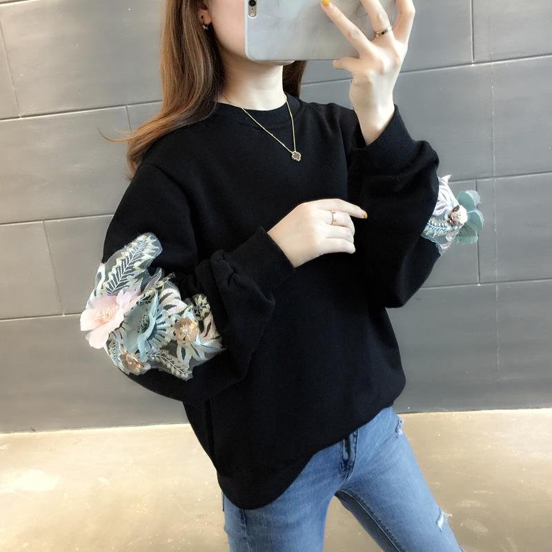 Neploe Thicked Flower Embroidery Hoodies O Neck Long Sleeve Ins Warm Sweatshirt Autumn Spring 2021 New Solid Ladies Top 48207