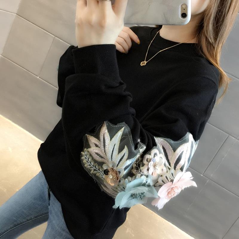 Neploe Thicked Flower Embroidery Hoodies O Neck Long Sleeve Ins Warm Sweatshirt Autumn Spring 2021 New Solid Ladies Top 48207