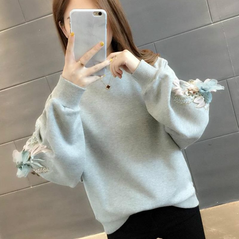 Neploe Thicked Flower Embroidery Hoodies O Neck Long Sleeve Ins Warm Sweatshirt Autumn Spring 2021 New Solid Ladies Top 48207