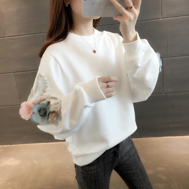 Neploe Thicked Flower Embroidery Hoodies O Neck Long Sleeve Ins Warm Sweatshirt Autumn Spring 2021 New Solid Ladies Top 48207