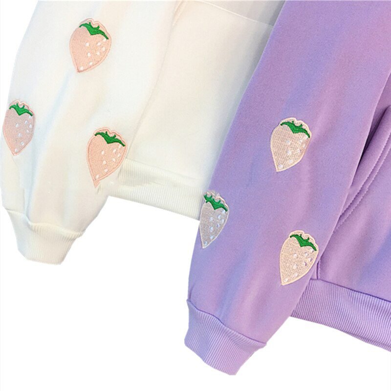 Harajuku Strawberry Embroidery Lavender Pink Sweatshirt Autumn Winter Women Kawaii Loose Long Sleeves Tops Oversized Hoodies XXL