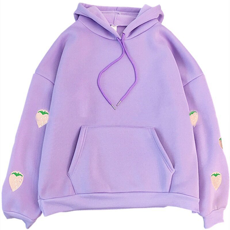 Harajuku Strawberry Embroidery Lavender Pink Sweatshirt Autumn Winter Women Kawaii Loose Long Sleeves Tops Oversized Hoodies XXL