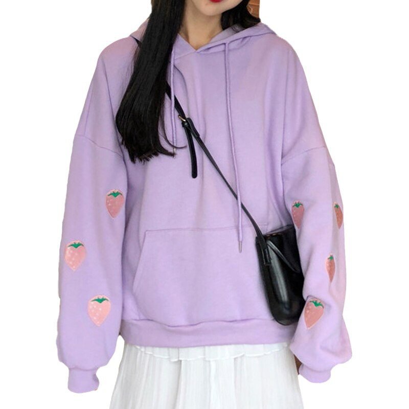 Harajuku Strawberry Embroidery Lavender Pink Sweatshirt Autumn Winter Women Kawaii Loose Long Sleeves Tops Oversized Hoodies XXL