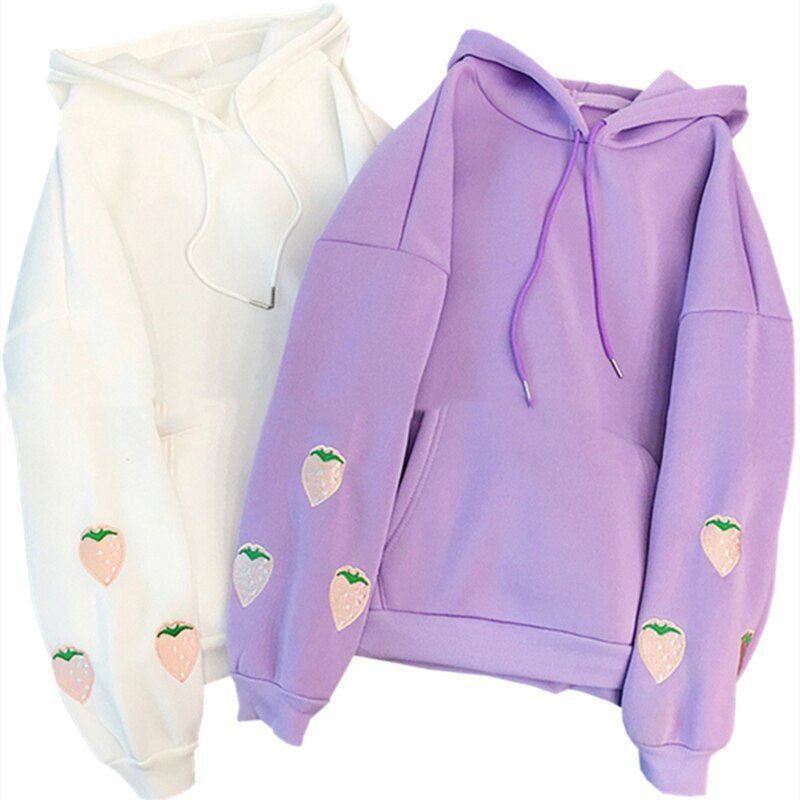 Harajuku Strawberry Embroidery Lavender Pink Sweatshirt Autumn Winter Women Kawaii Loose Long Sleeves Tops Oversized Hoodies XXL