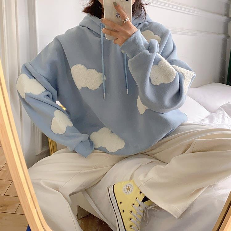 Korean Sweatshirt Women Winter 2021 Fashion Clouds Pullover Women Plus Velvet Warm Long Sleeve Tops Casual Hoodies Kawaii Female
