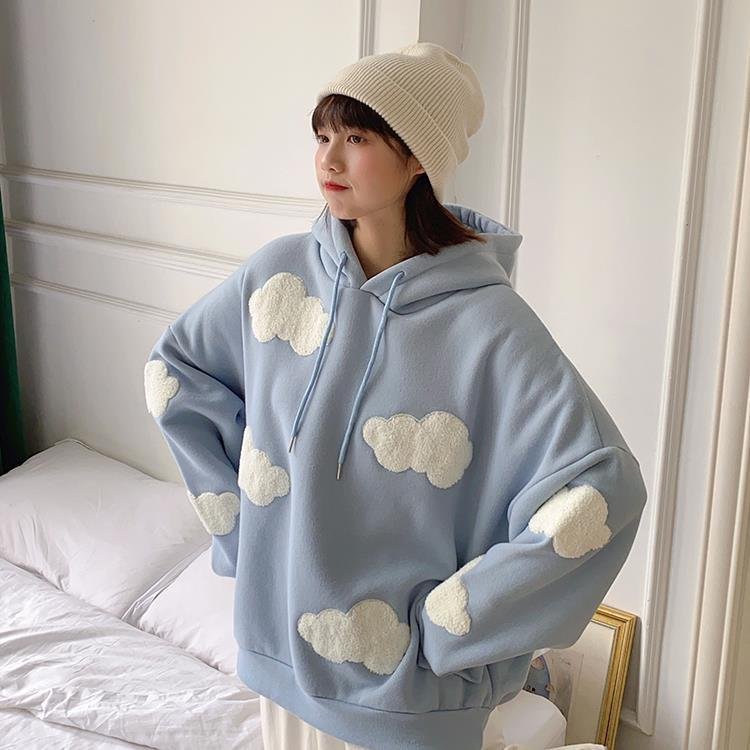 Korean Sweatshirt Women Winter 2021 Fashion Clouds Pullover Women Plus Velvet Warm Long Sleeve Tops Casual Hoodies Kawaii Female