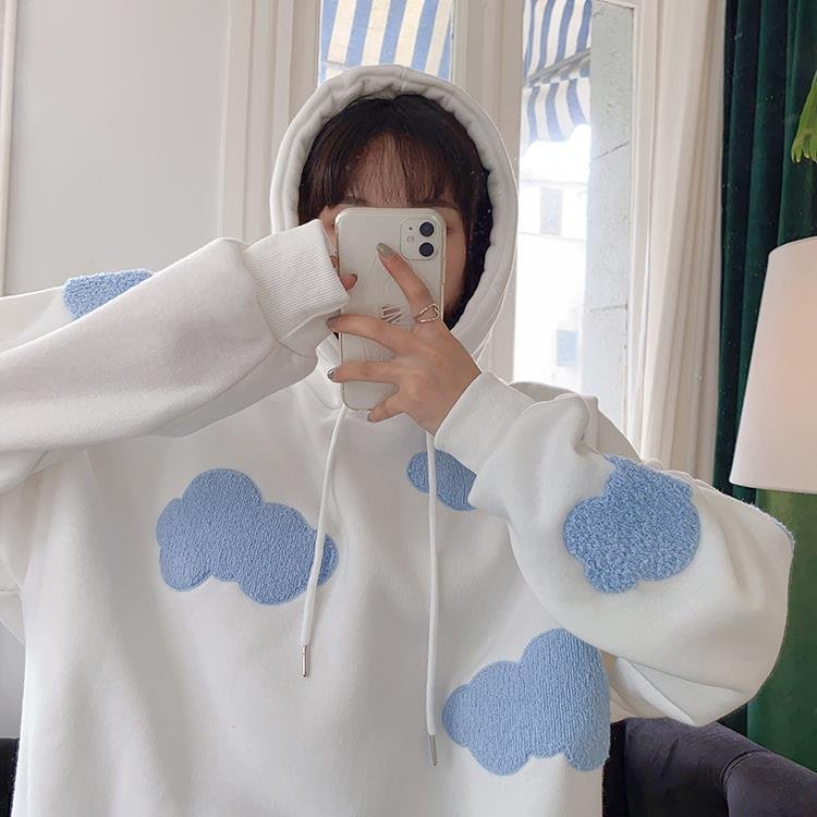 Korean Sweatshirt Women Winter 2021 Fashion Clouds Pullover Women Plus Velvet Warm Long Sleeve Tops Casual Hoodies Kawaii Female