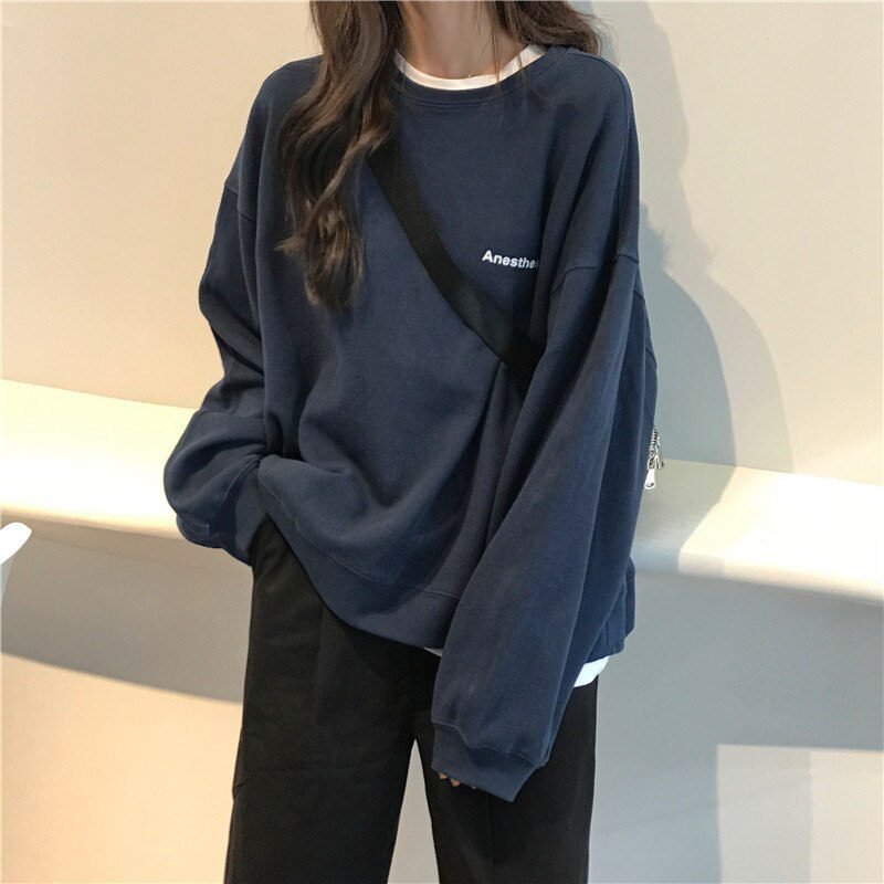 Jielur 2021 New Kpop Letter Hoody Fashion Korean Thin Chic Women's Sweatshirts Cool Navy Blue Gray Hoodies for Women M-XXL