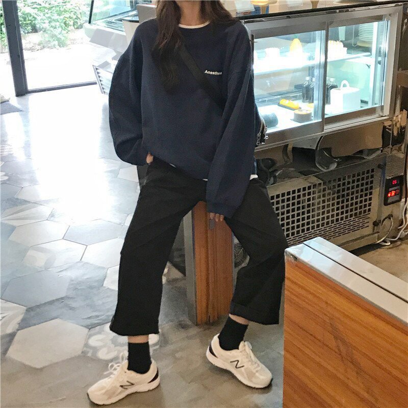Jielur 2021 New Kpop Letter Hoody Fashion Korean Thin Chic Women's Sweatshirts Cool Navy Blue Gray Hoodies for Women M-XXL