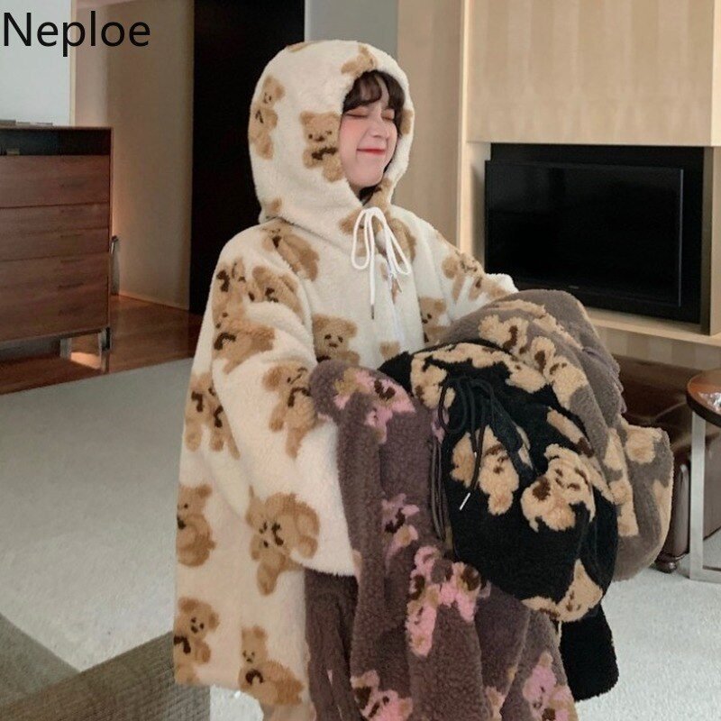 Neploe Cute Women Hoodie 2021 Winter Loose Hoodies Sweatshirts Streetwear Thick Lamb Wool Bear Coat Zipper Oversized Outwear