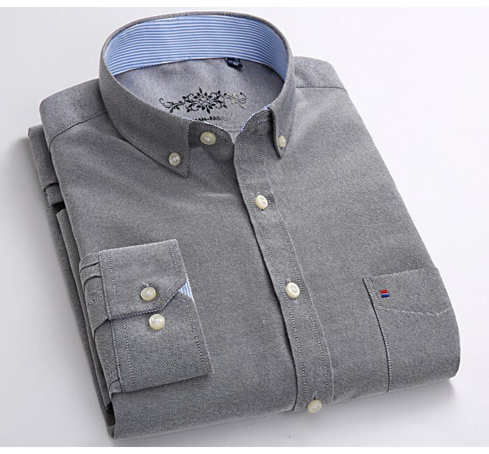 Men's Long Sleeve Oxford Plaid Striped Casual Shirt Front Patch Chest Pocket Regular-fit Button-down Collar Thick Work Shirts