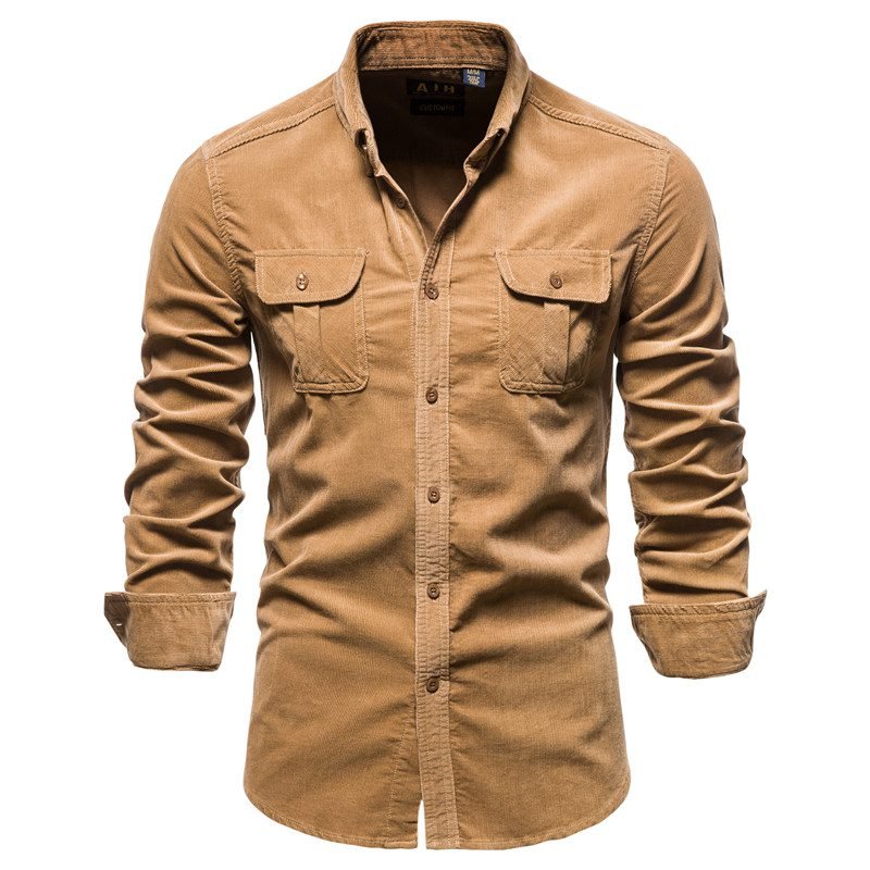 2020 New Single Breasted 100% Cotton Men's Shirt Business Casual Fashion Solid Color Corduroy Men Shirts Autumn Slim Shirt Men