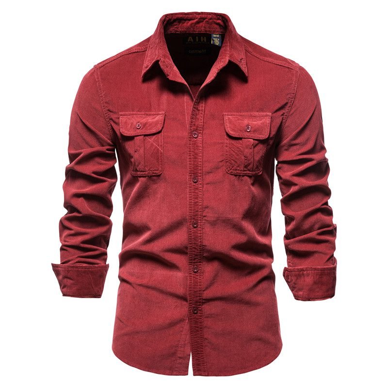 2020 New Single Breasted 100% Cotton Men's Shirt Business Casual Fashion Solid Color Corduroy Men Shirts Autumn Slim Shirt Men