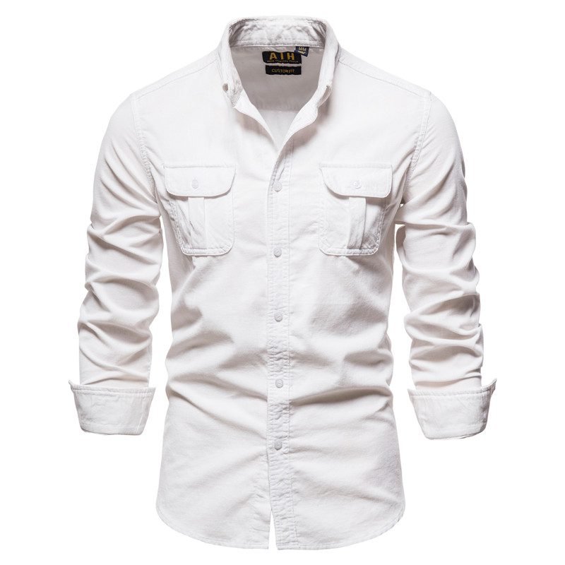 2020 New Single Breasted 100% Cotton Men's Shirt Business Casual Fashion Solid Color Corduroy Men Shirts Autumn Slim Shirt Men