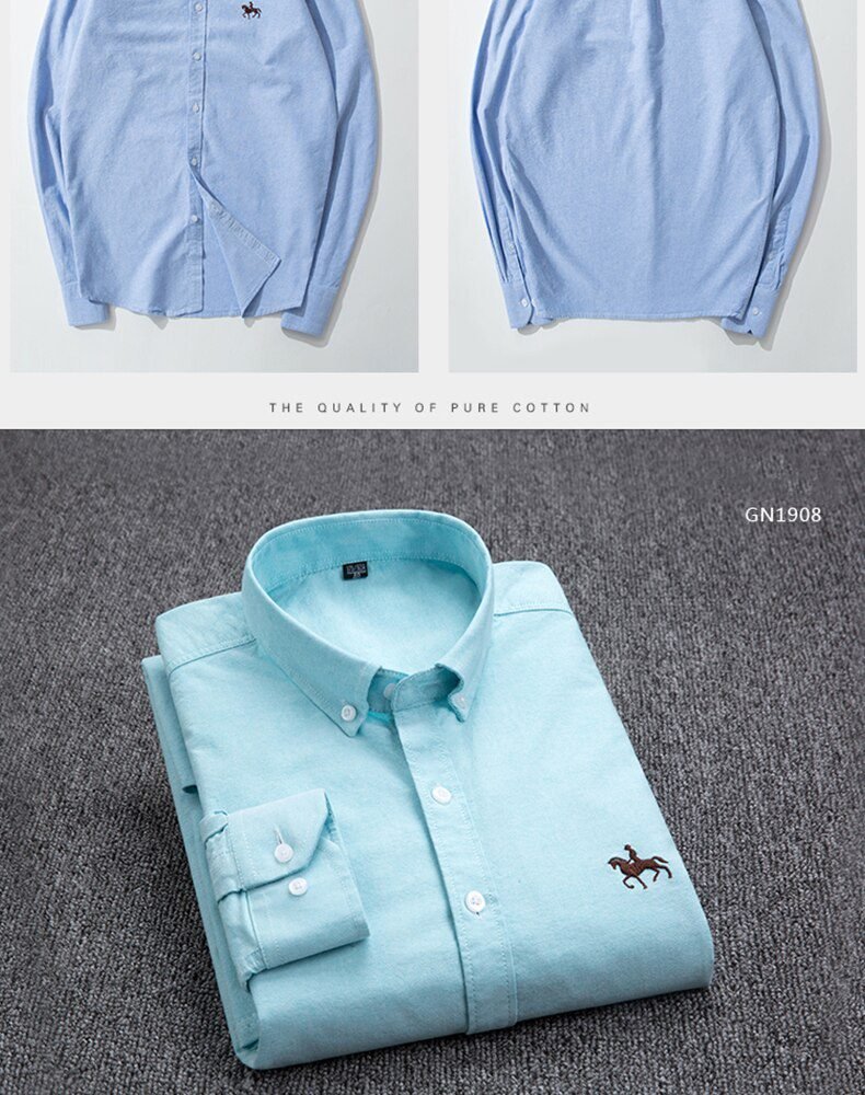 100% Cotton Oxford Shirt Men's Long Sleeve Embroidered Horse Casual Without Pocket Solid Yellow Dress Shirt Men Plus Size 5XL6XL
