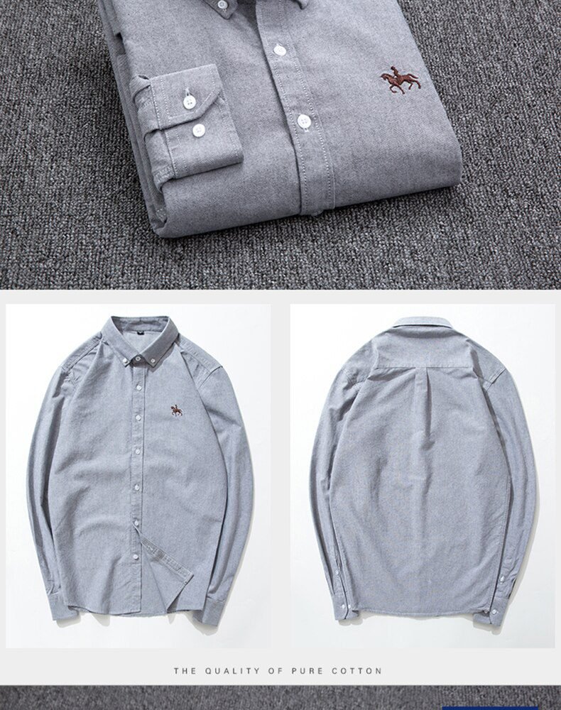 100% Cotton Oxford Shirt Men's Long Sleeve Embroidered Horse Casual Without Pocket Solid Yellow Dress Shirt Men Plus Size 5XL6XL