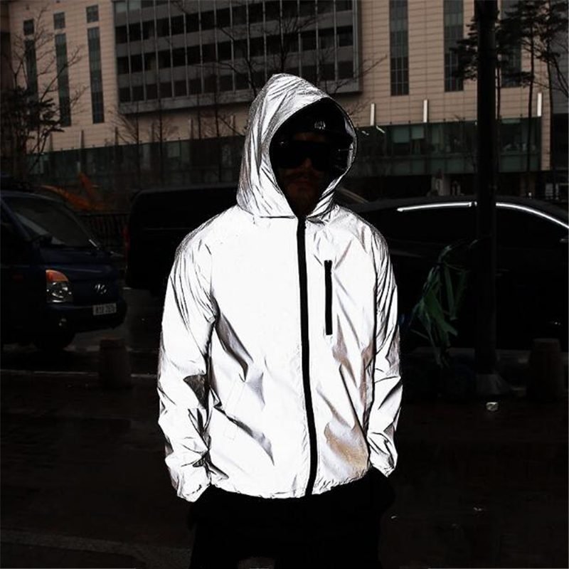 Plus Size 4XL Men Spring Autumn full reflective Windbreaker waterproof Jacket male High street hip hop Loose Hooded Coats