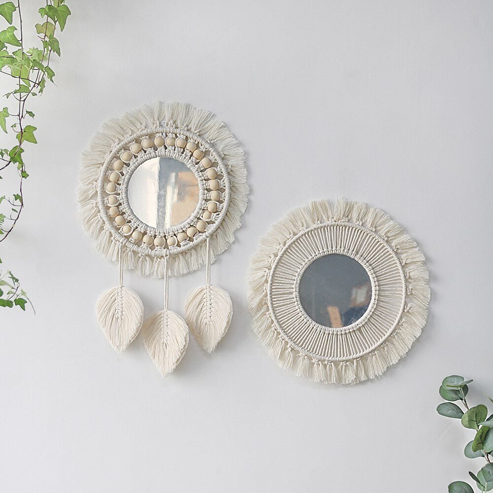 Round Mirror Macrame Mirror Wall Boho Home Decor for Apartment Living Room Bedroom Baby Nursery Dorm