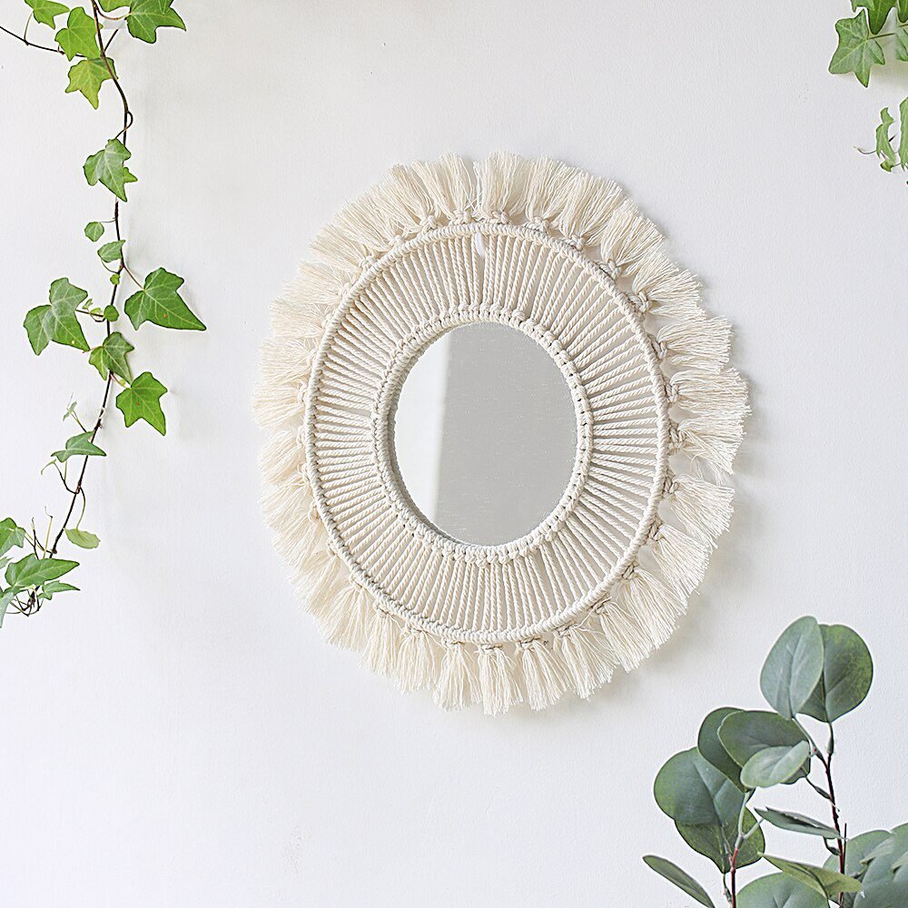 Round Mirror Macrame Mirror Wall Boho Home Decor for Apartment Living Room Bedroom Baby Nursery Dorm