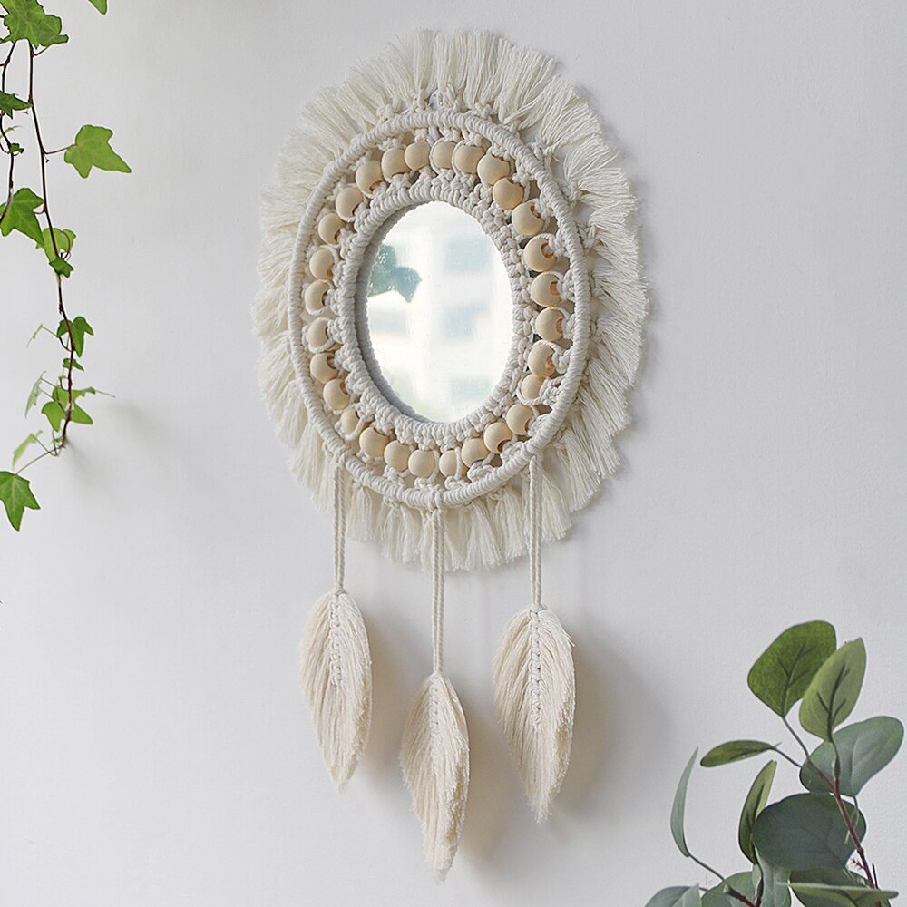 Round Mirror Macrame Mirror Wall Boho Home Decor for Apartment Living Room Bedroom Baby Nursery Dorm