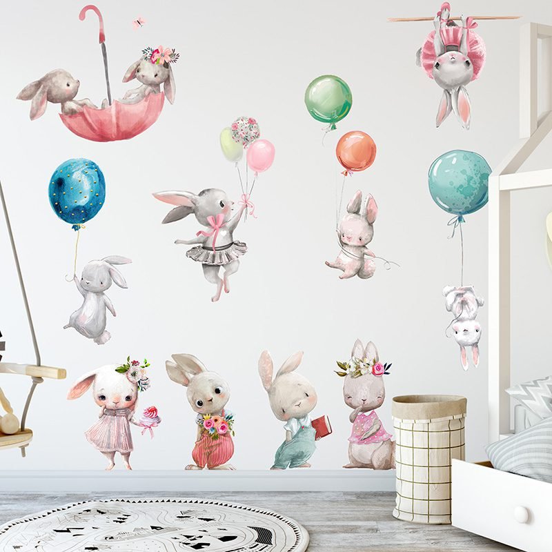 Watercolor Cartoon Bunny Wall Stickers Baby Nursery Wall Decals for Kids Room Living Room Bedroom Home Decor Rabbit Stickers PVC