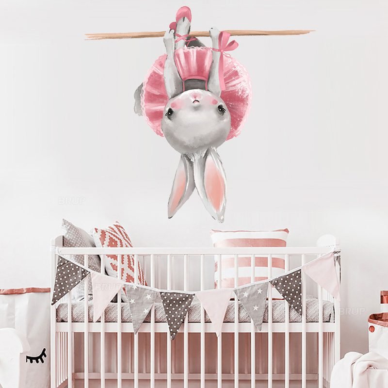 Cute Grey Bunny Ballet Rabbit Wall Stickers for Kids Room Cat Baby Nursery Wall Decals Pink Flower for Girl Room Home Decoration