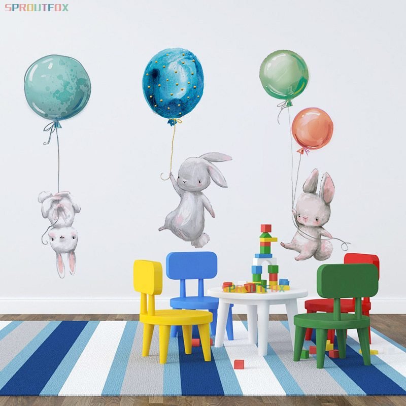 Animal Cartoon Wall Stickers For Kids Rooms Balloon Bunny Decorative 3D Wall Stickers For Children Rooms Large Kids Wall Decals