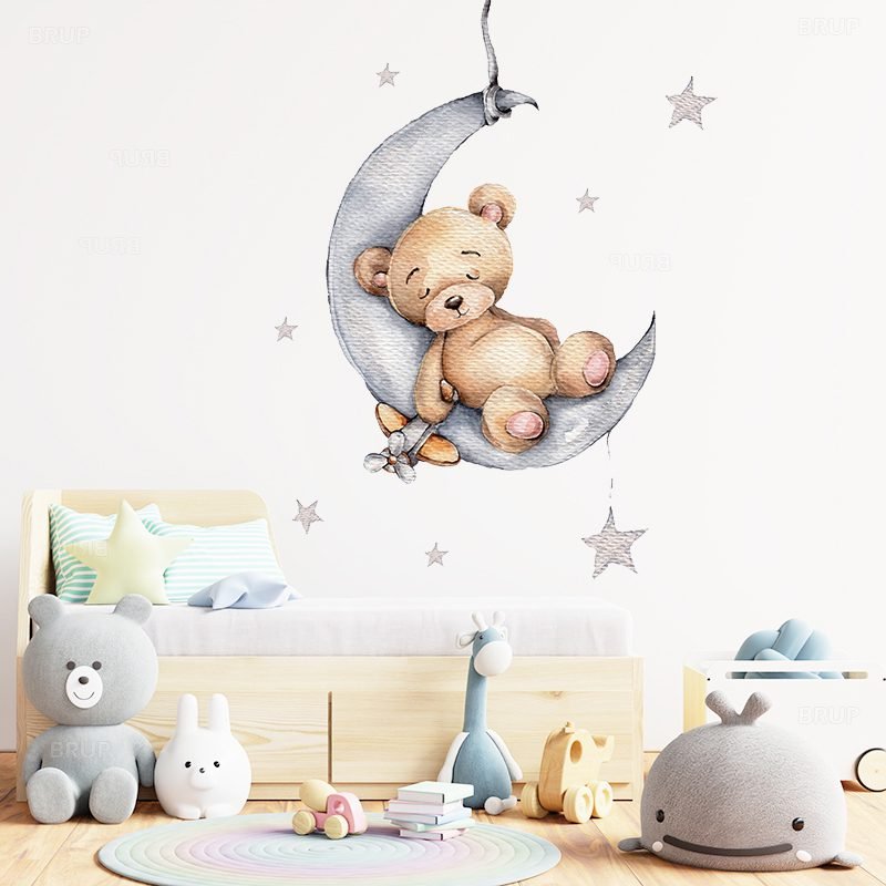 Cartoon Teddy Bear Sleeping on the Moon and Stars Wall Stickers for Kids Room Baby Room Decoration Wall Decals Room Interior