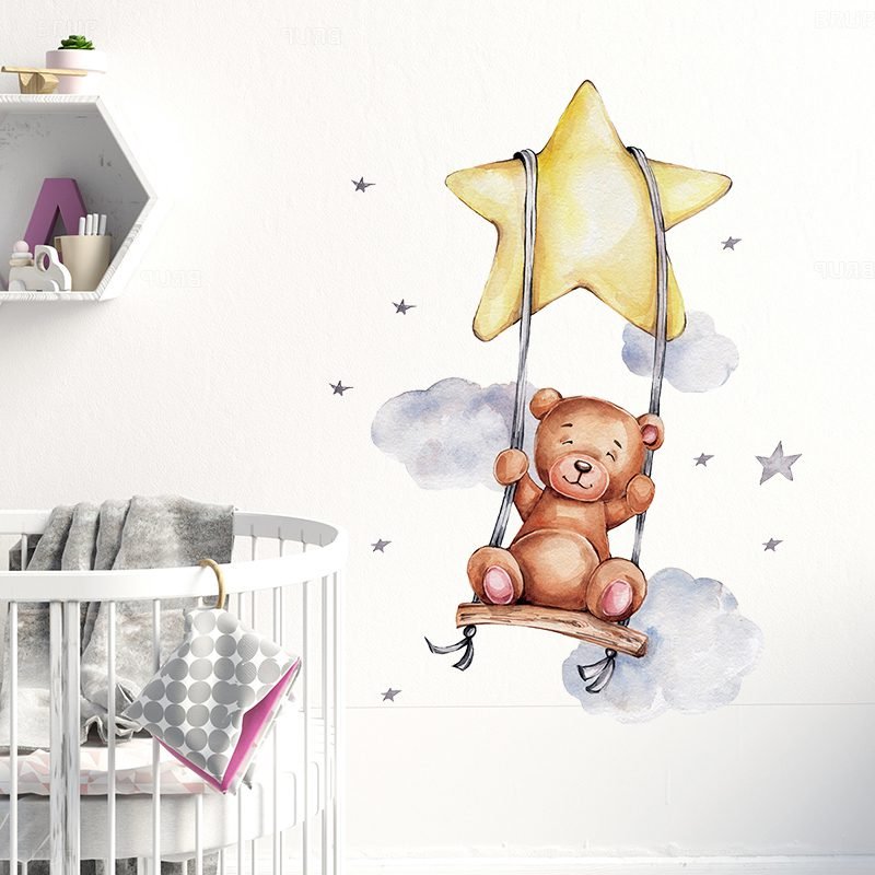 Cartoon Teddy Bear Sleeping on the Moon and Stars Wall Stickers for Kids Room Baby Room Decoration Wall Decals Room Interior