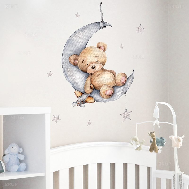 Cartoon Teddy Bear Sleeping on the Moon and Stars Wall Stickers for Kids Room Baby Room Decoration Wall Decals Room Interior