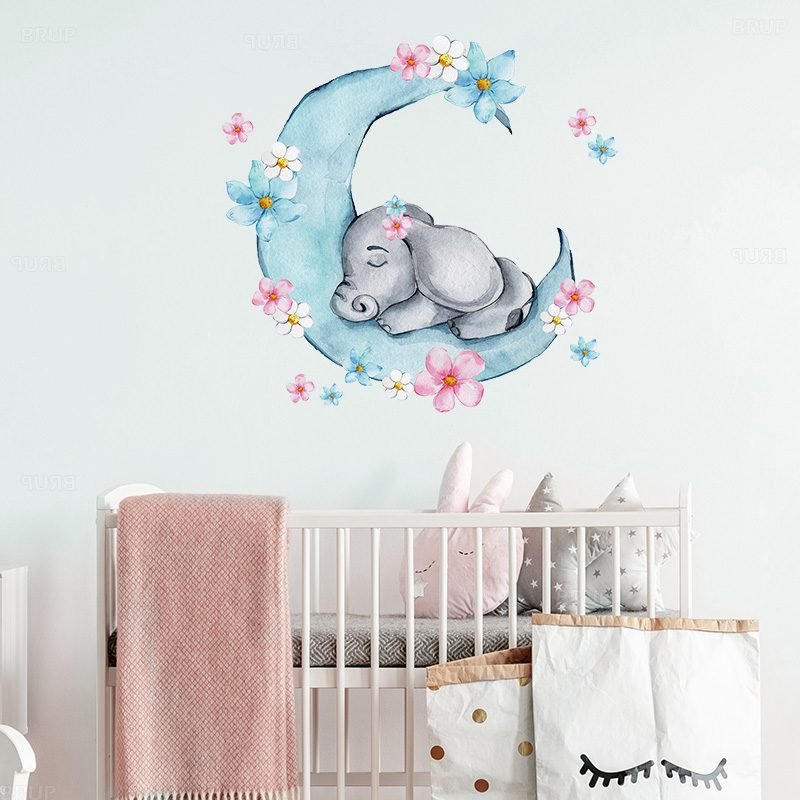 Cartoon Teddy Bear Sleeping on the Moon and Stars Wall Stickers for Kids Room Baby Room Decoration Wall Decals Room Interior