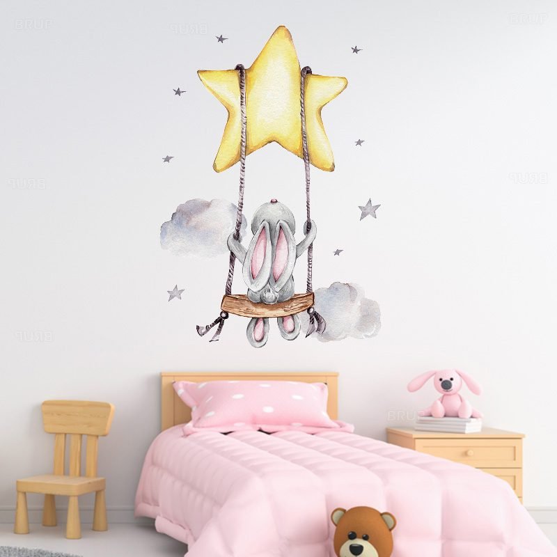 Cartoon Teddy Bear Sleeping on the Moon and Stars Wall Stickers for Kids Room Baby Room Decoration Wall Decals Room Interior